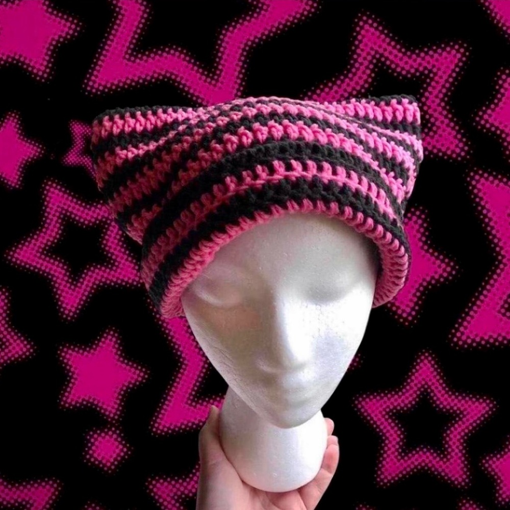 crochet black and pink striped cat ear beanie
